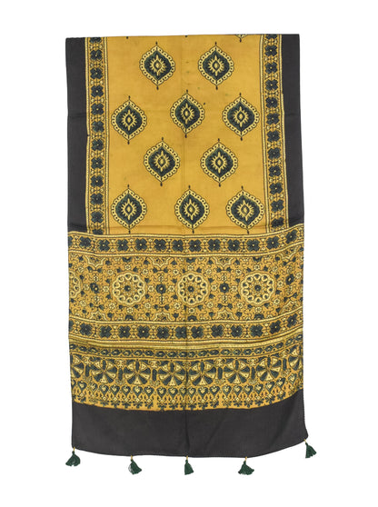 Ajrakh Modal Silk Natural Dye Hand Block Print Stole With Tassels - 2 Mtr Length   -  SKU : AI27803P