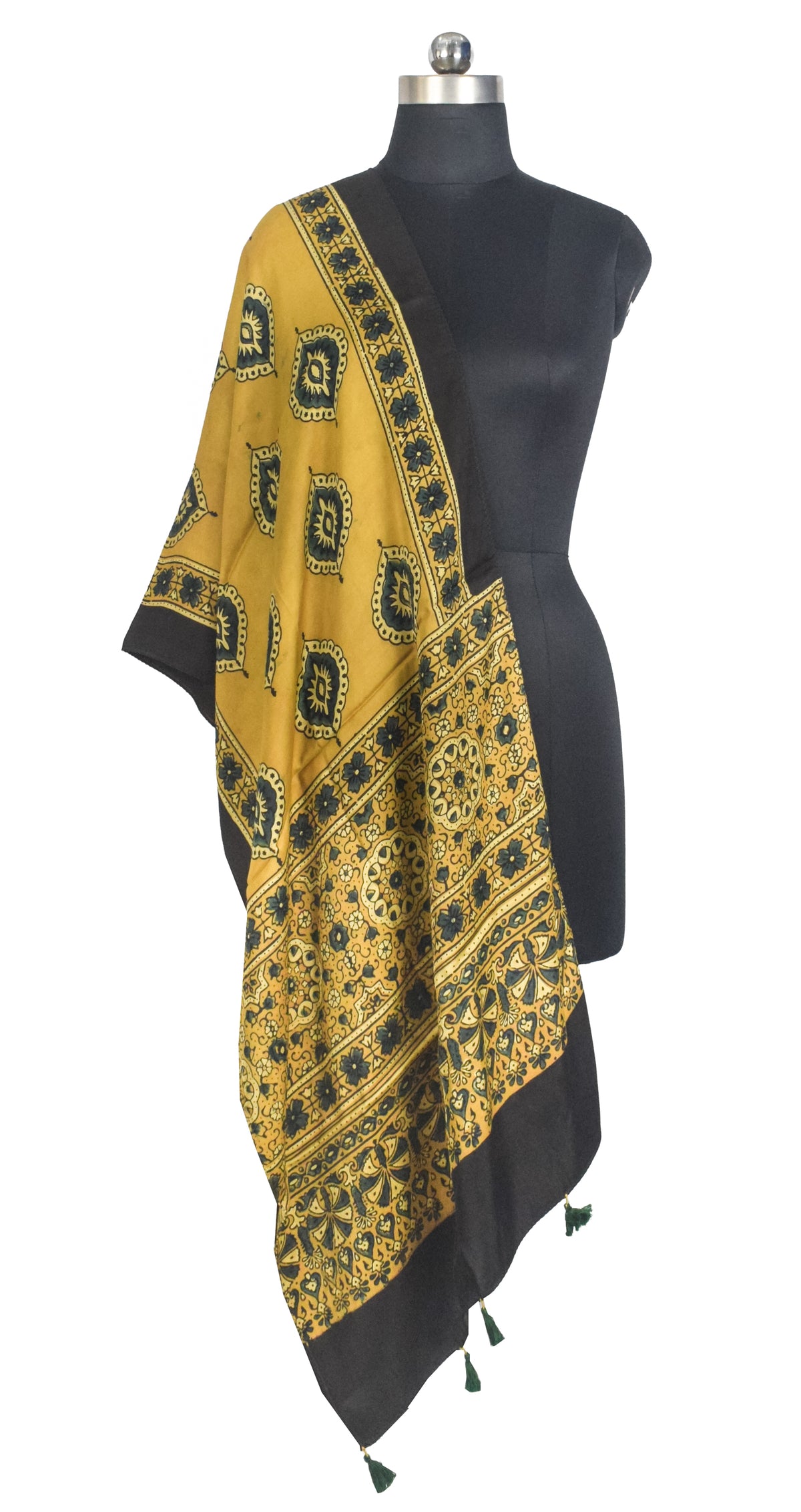 Ajrakh Modal Silk Natural Dye Hand Block Print Stole With Tassels - 2 Mtr Length   -  SKU : AI27803P