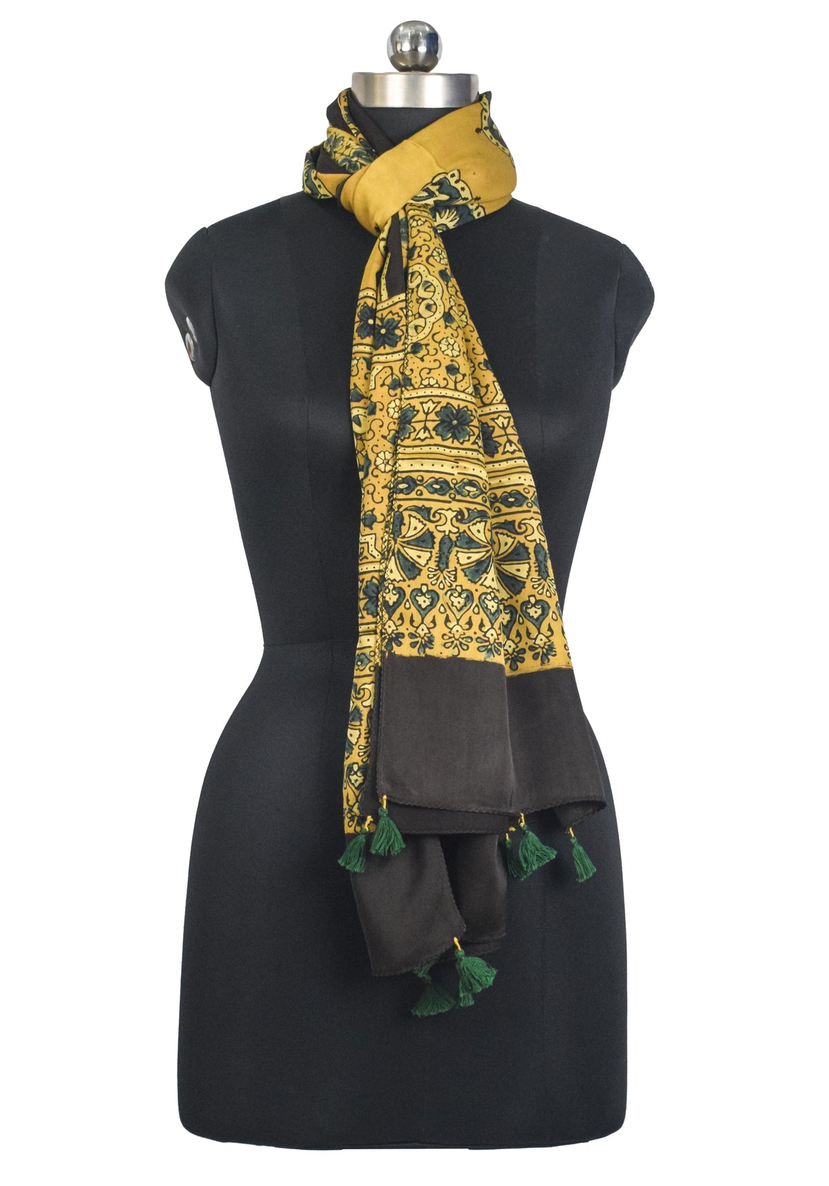 Ajrakh Modal Silk Natural Dye Hand Block Print Stole With Tassels - 2 Mtr Length   -  SKU : AI27803P