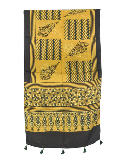 Ajrakh Modal Silk Natural Dye Hand Block Print Stole With Tassels - 2 Mtr Length   -  SKU : AI27803Q