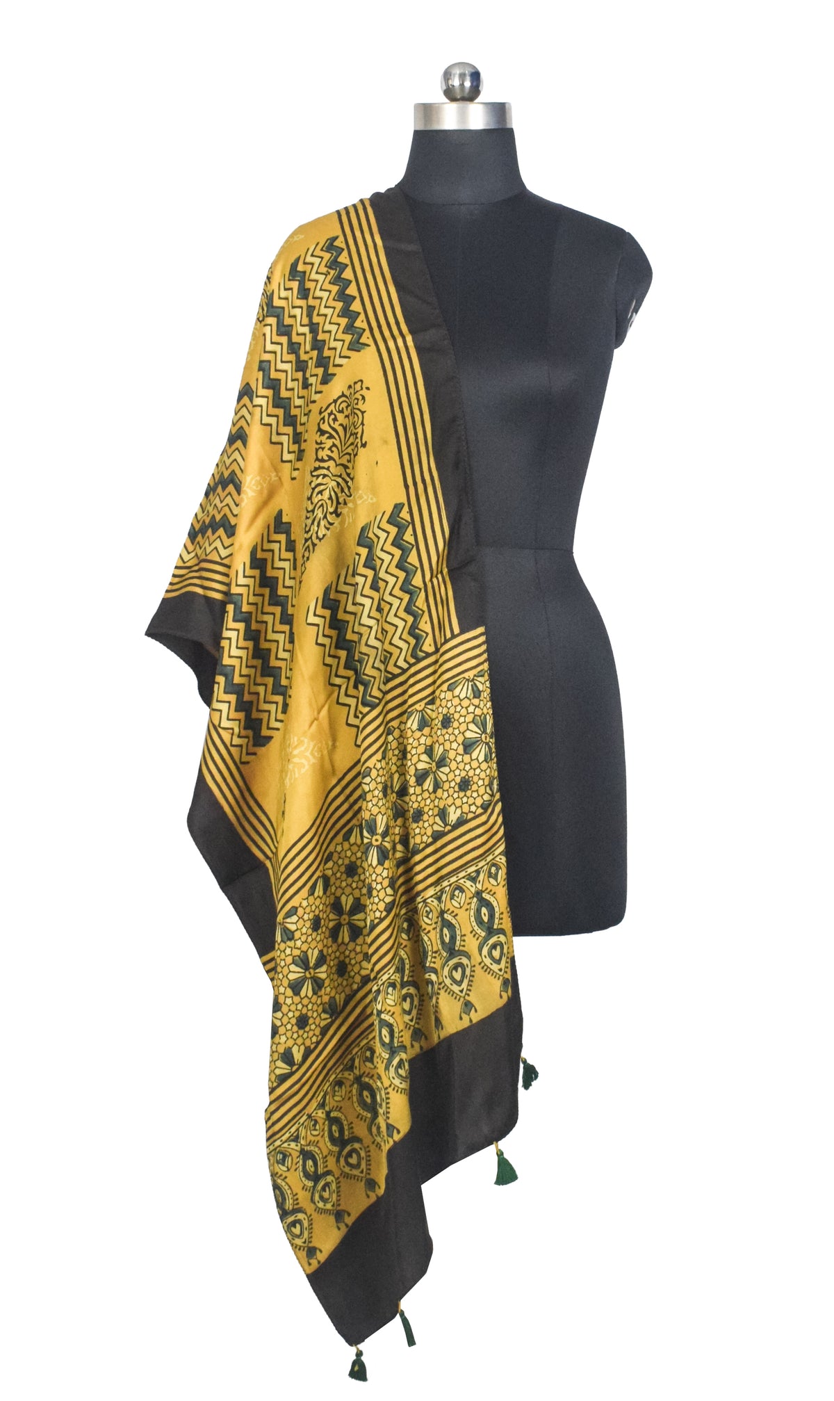 Ajrakh Modal Silk Natural Dye Hand Block Print Stole With Tassels - 2 Mtr Length   -  SKU : AI27803Q