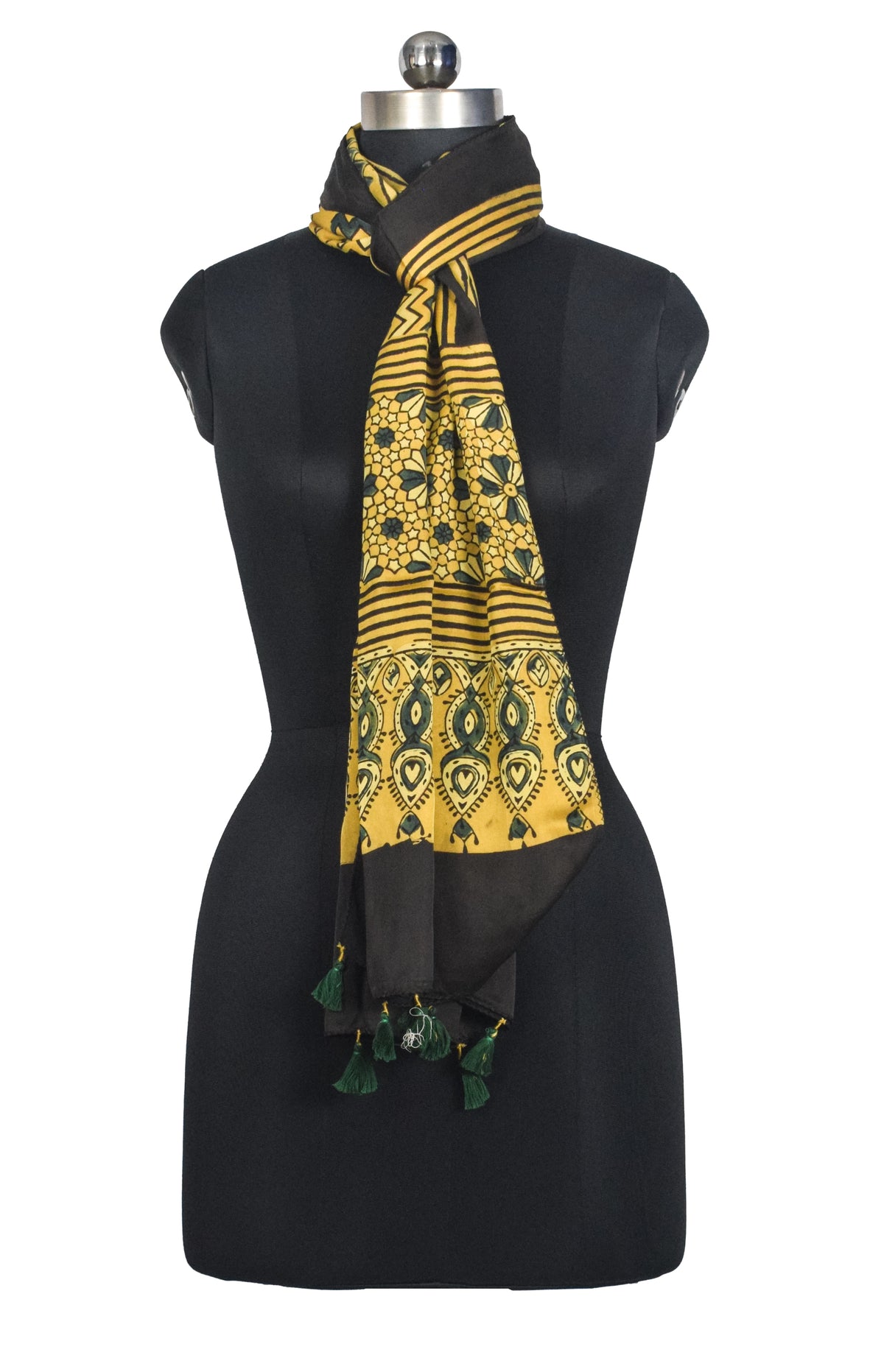 Ajrakh Modal Silk Natural Dye Hand Block Print Stole With Tassels - 2 Mtr Length   -  SKU : AI27803Q