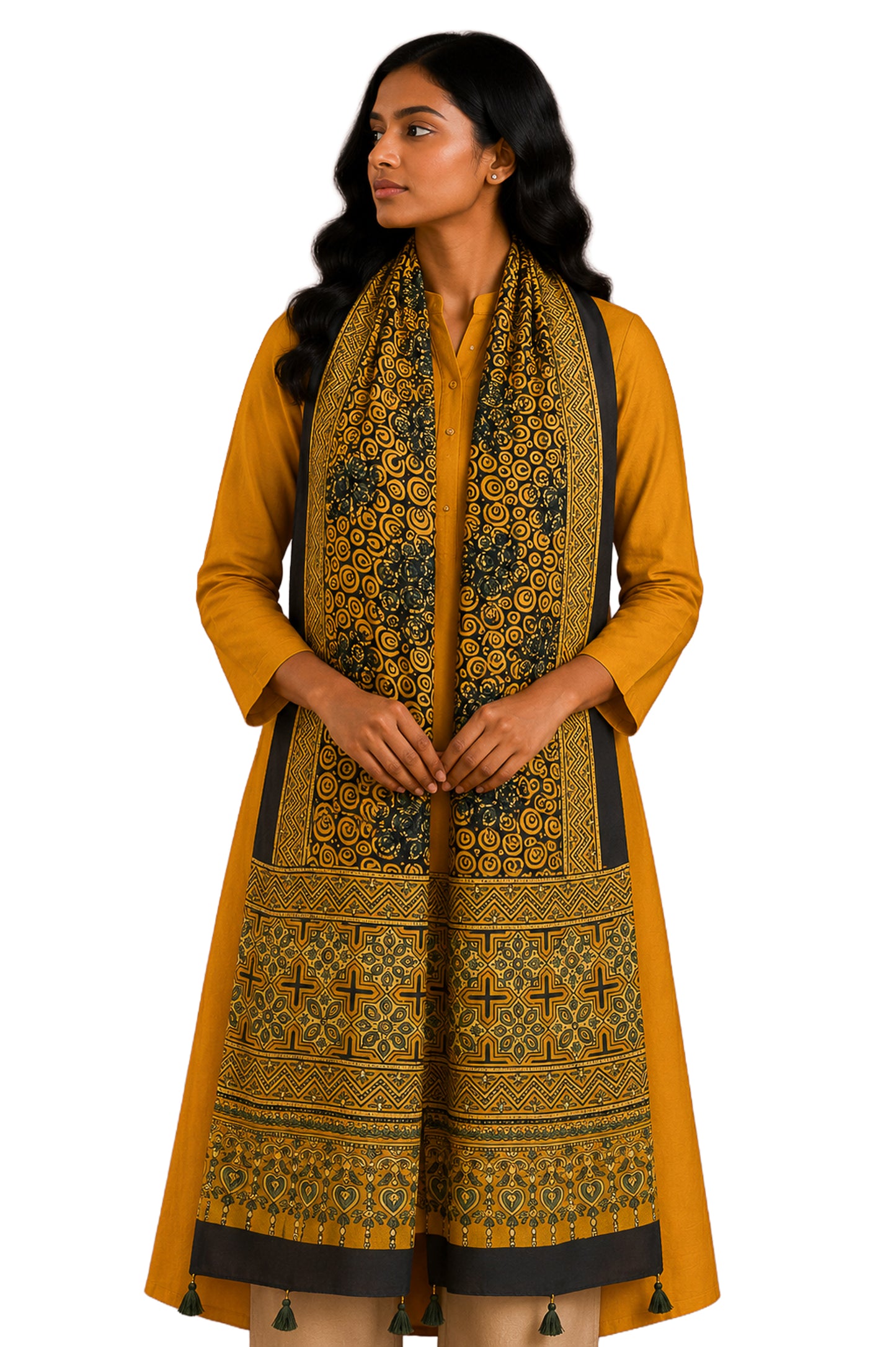 Ajrakh Modal Silk Natural Dye Hand Block Print Stole With Tassels - 2 Mtr Length    -  SKU : EK11A01A