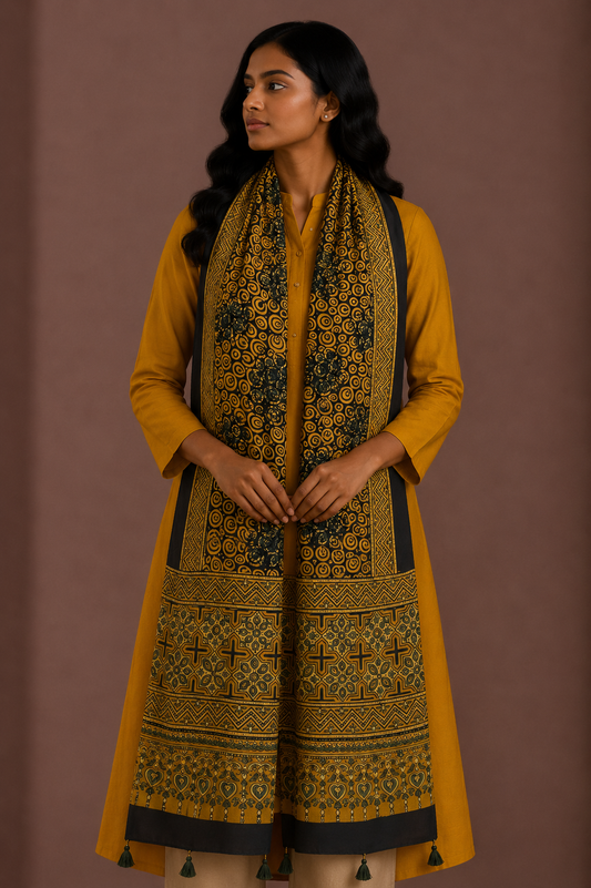 Ajrakh Modal Silk Natural Dye Hand Block Print Stole With Tassels - 2 Mtr Length    -  SKU : EK11A01A