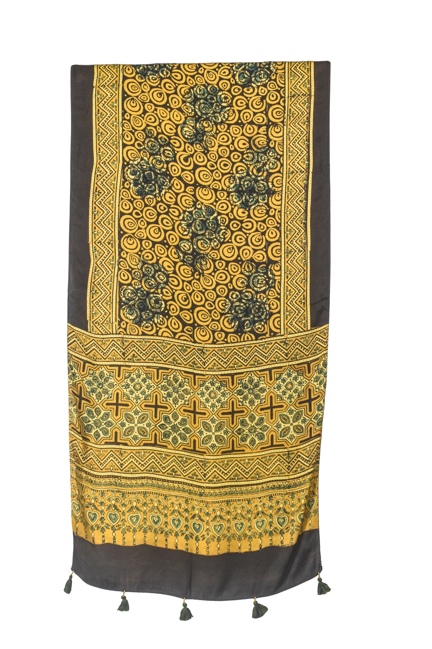 Ajrakh Modal Silk Natural Dye Hand Block Print Stole With Tassels - 2 Mtr Length    -  SKU : EK11A01A