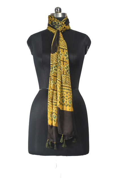 Ajrakh Modal Silk Natural Dye Hand Block Print Stole With Tassels - 2 Mtr Length    -  SKU : EK11A01A