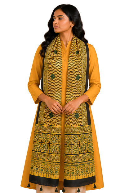 Ajrakh Modal Silk Natural Dye Hand Block Print Stole With Tassels - 2 Mtr Length    -  SKU : EK11A01C