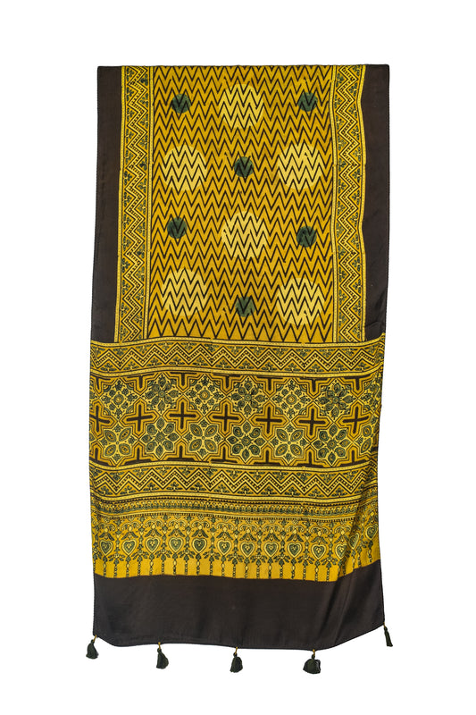 Ajrakh Modal Silk Natural Dye Hand Block Print Stole With Tassels - 2 Mtr Length    -  SKU : EK11A01C