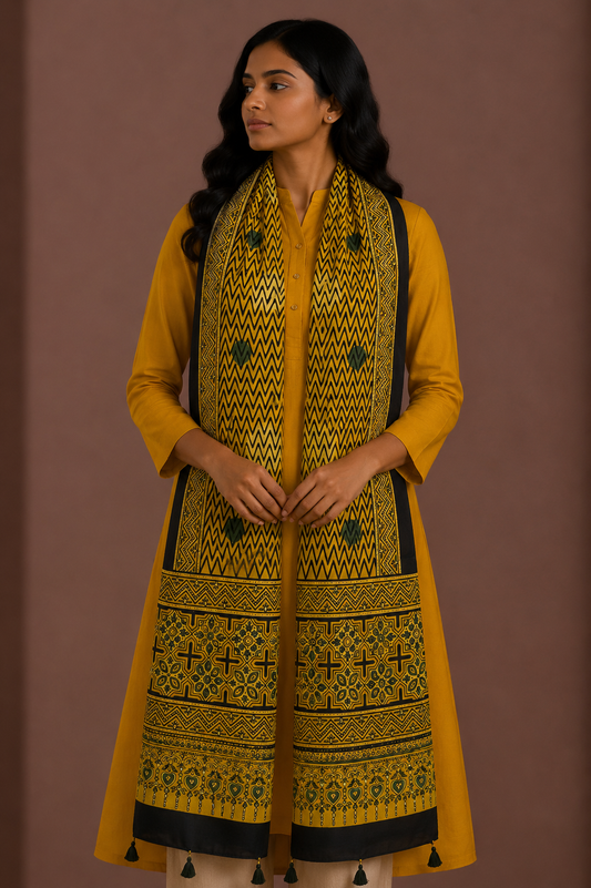Ajrakh Modal Silk Natural Dye Hand Block Print Stole With Tassels - 2 Mtr Length    -  SKU : EK11A01C