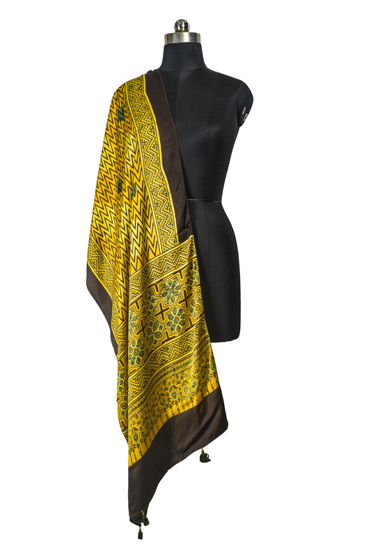 Ajrakh Modal Silk Natural Dye Hand Block Print Stole With Tassels - 2 Mtr Length    -  SKU : EK11A01C