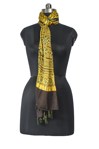 Ajrakh Modal Silk Natural Dye Hand Block Print Stole With Tassels - 2 Mtr Length    -  SKU : EK11A01C