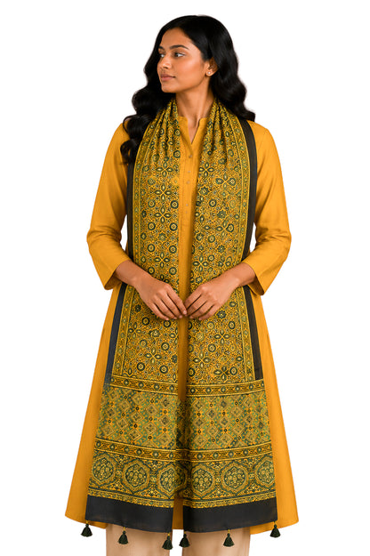 Ajrakh Modal Silk Natural Dye Hand Block Print Stole With Tassels - 2 Mtr Length    -  SKU : EK11A01G