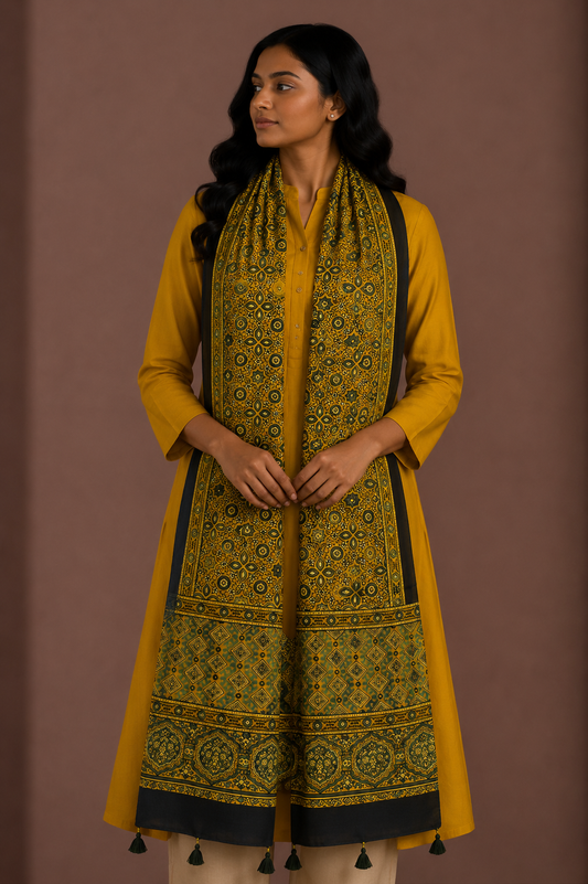 Ajrakh Modal Silk Natural Dye Hand Block Print Stole With Tassels - 2 Mtr Length    -  SKU : EK11A01G