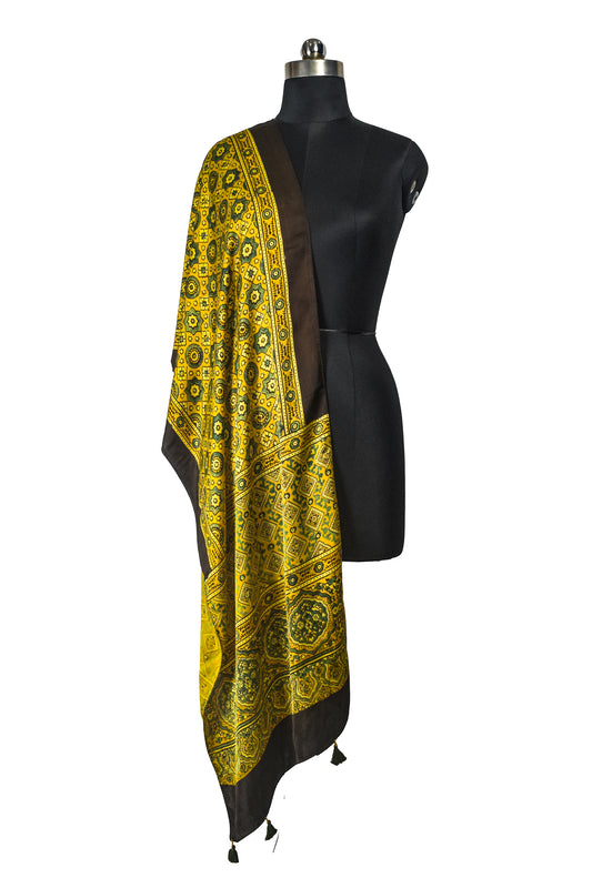 Ajrakh Modal Silk Natural Dye Hand Block Print Stole With Tassels - 2 Mtr Length    -  SKU : EK11A01G