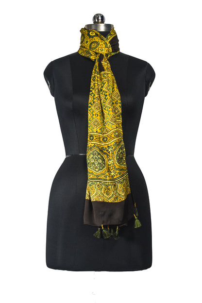 Ajrakh Modal Silk Natural Dye Hand Block Print Stole With Tassels - 2 Mtr Length    -  SKU : EK11A01G