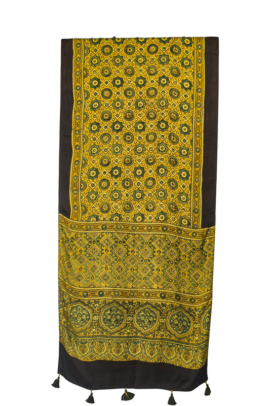 Ajrakh Modal Silk Natural Dye Hand Block Print Stole With Tassels - 2 Mtr Length    -  SKU : EK11A01P