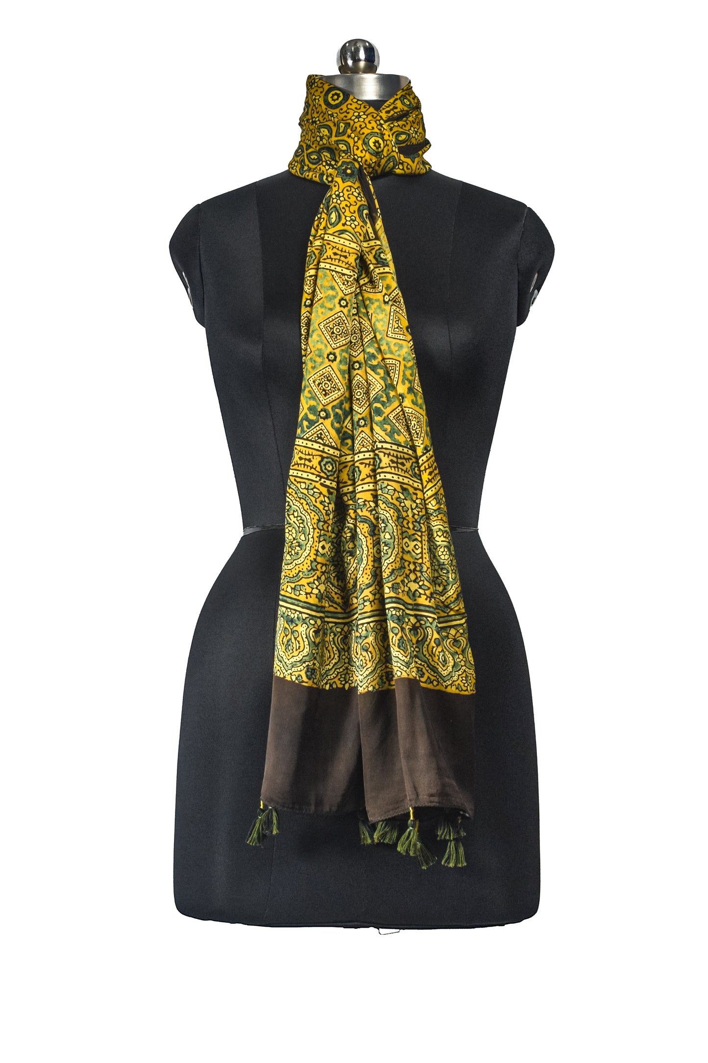 Ajrakh Modal Silk Natural Dye Hand Block Print Stole With Tassels - 2 Mtr Length    -  SKU : EK11A01P