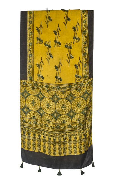 Ajrakh Modal Silk Natural Dye Hand Block Print Stole With Tassels - 2 Mtr Length    -  SKU : EK11A01X