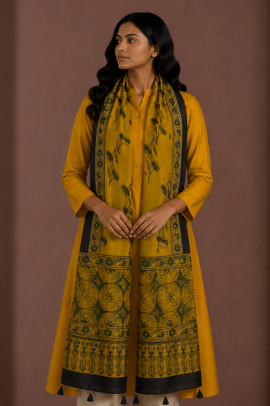 Ajrakh Modal Silk Natural Dye Hand Block Print Stole With Tassels - 2 Mtr Length    -  SKU : EK11A01X
