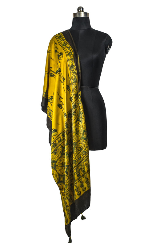 Ajrakh Modal Silk Natural Dye Hand Block Print Stole With Tassels - 2 Mtr Length    -  SKU : EK11A01X