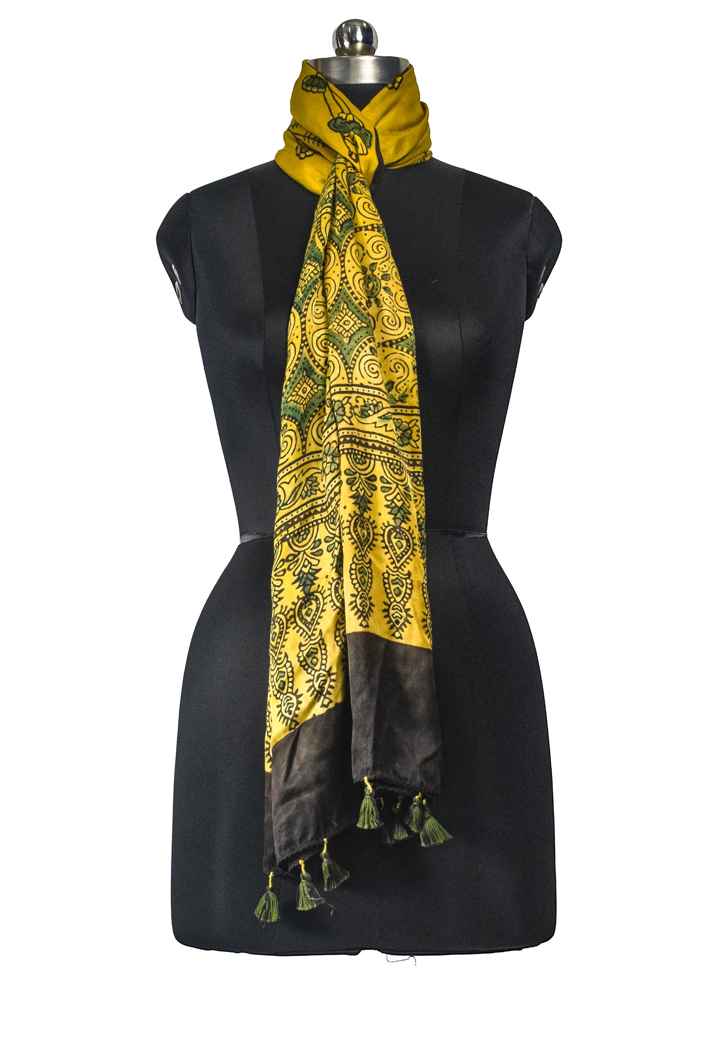 Ajrakh Modal Silk Natural Dye Hand Block Print Stole With Tassels - 2 Mtr Length    -  SKU : EK11A01X