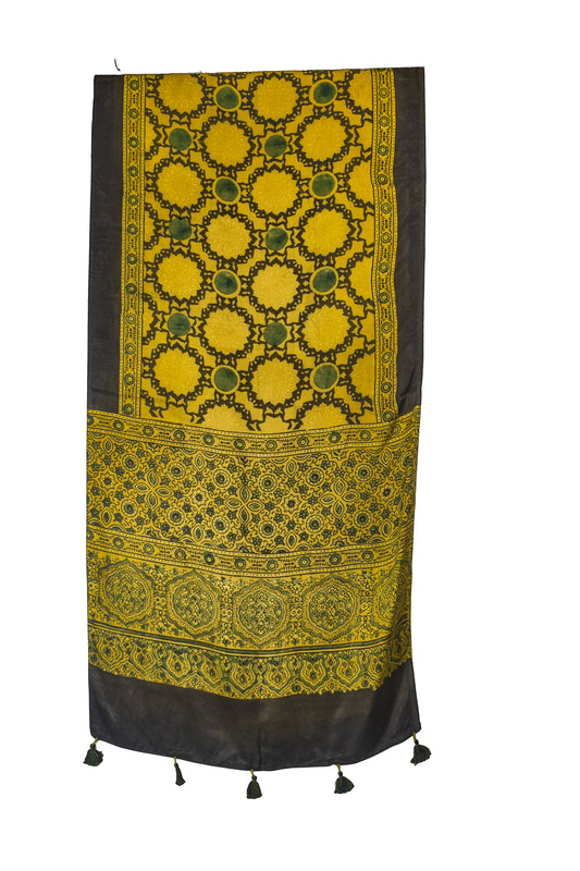 Ajrakh Modal Silk Natural Dye Hand Block Print Stole With Tassels - 2 Mtr Length    -  SKU : EK11A01Y