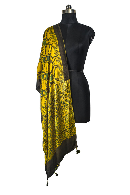 Ajrakh Modal Silk Natural Dye Hand Block Print Stole With Tassels - 2 Mtr Length    -  SKU : EK11A01Y