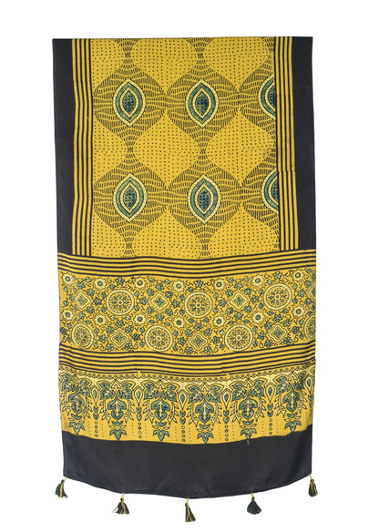 Ajrakh Modal Silk Natural Dye Hand Block Print Stole With Tassels - 2 Mtr Length   -  SKU : EK28901A