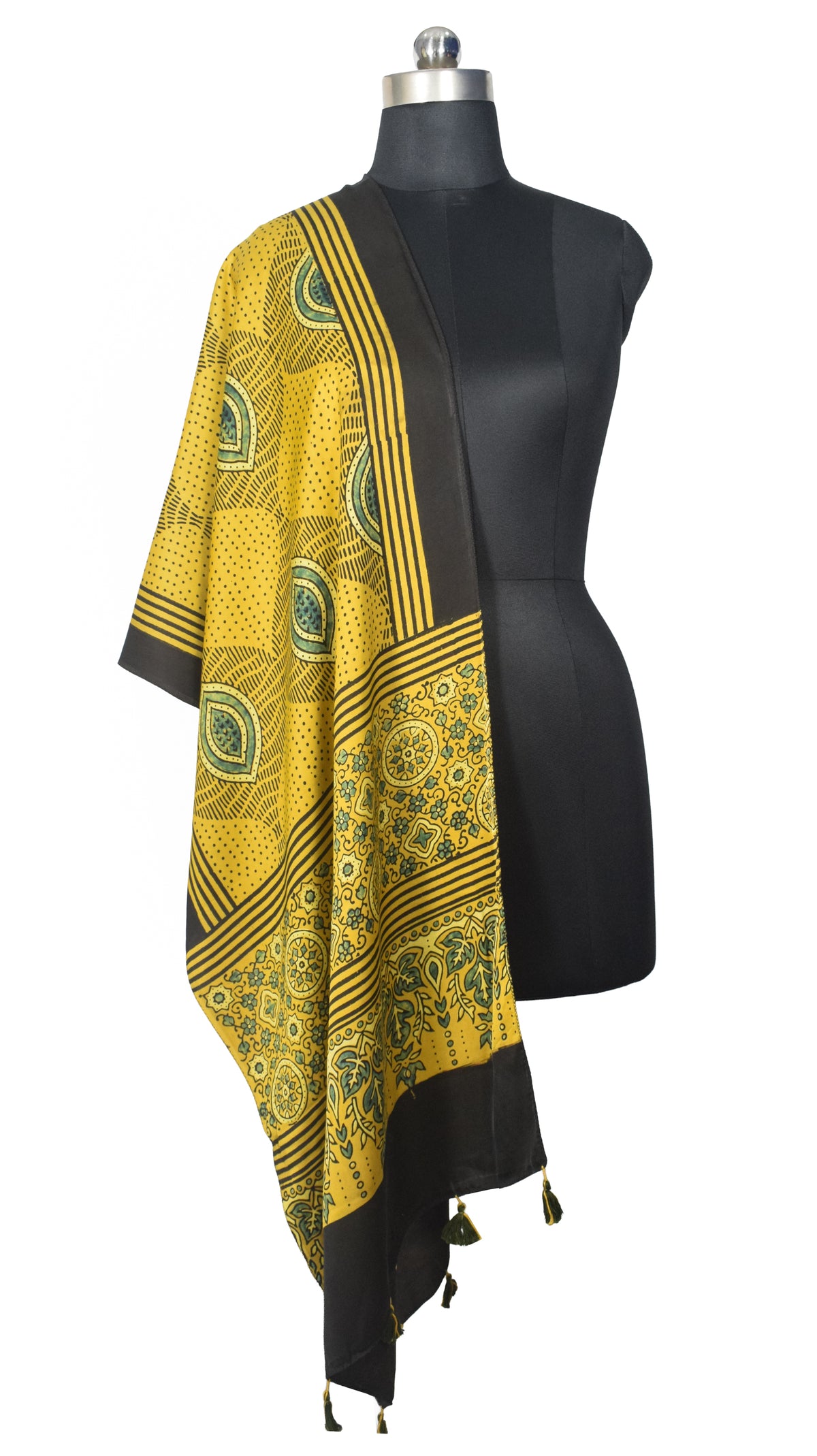 Ajrakh Modal Silk Natural Dye Hand Block Print Stole With Tassels - 2 Mtr Length   -  SKU : EK28901A