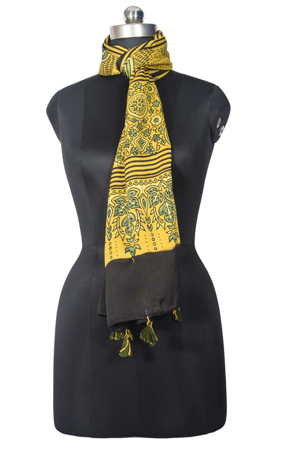 Ajrakh Modal Silk Natural Dye Hand Block Print Stole With Tassels - 2 Mtr Length   -  SKU : EK28901A