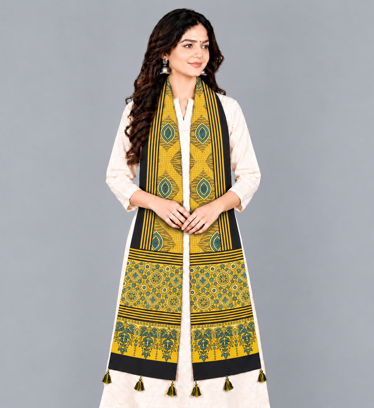Ajrakh Modal Silk Natural Dye Hand Block Print Stole With Tassels - 2 Mtr Length   -  SKU : EK28901A