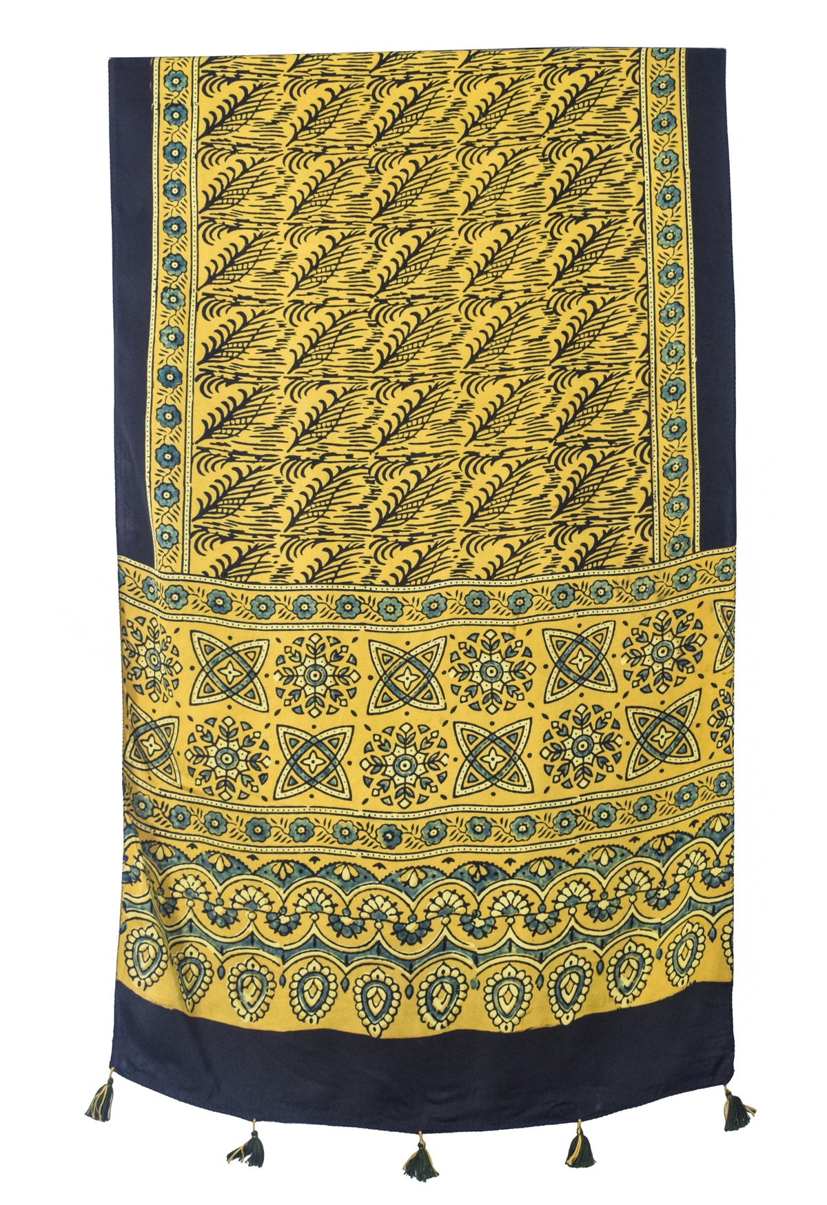 Ajrakh Modal Silk Natural Dye Hand Block Print Stole With Tassels - 2 Mtr Length   -  SKU : EK28901B