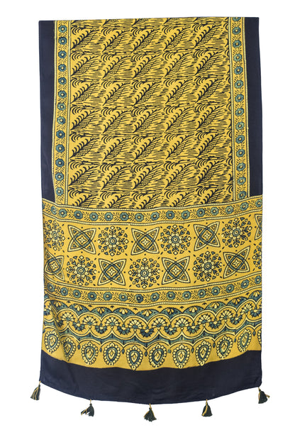 Ajrakh Modal Silk Natural Dye Hand Block Print Stole With Tassels - 2 Mtr Length   -  SKU : EK28901B