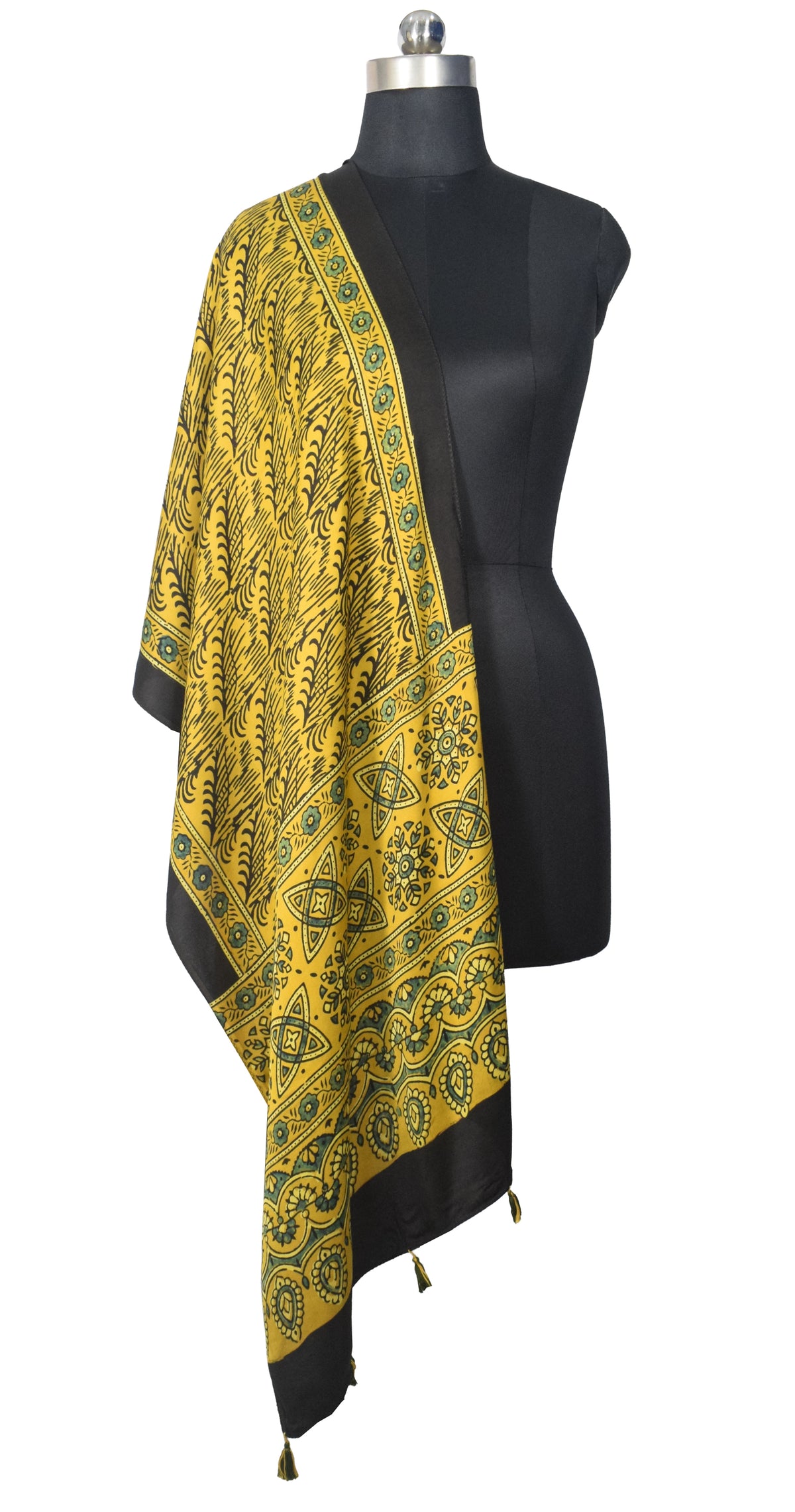 Ajrakh Modal Silk Natural Dye Hand Block Print Stole With Tassels - 2 Mtr Length   -  SKU : EK28901B