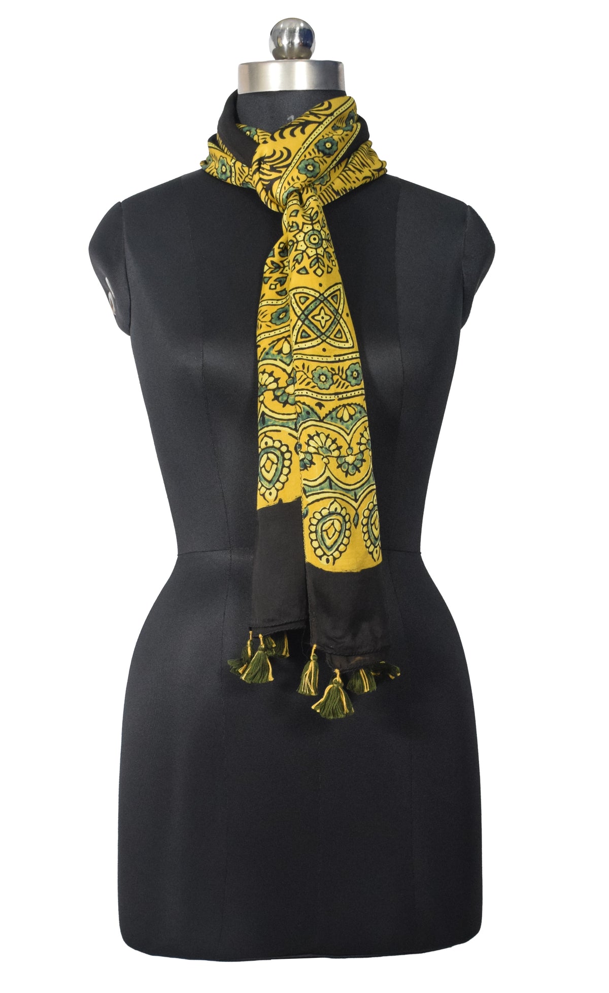 Ajrakh Modal Silk Natural Dye Hand Block Print Stole With Tassels - 2 Mtr Length   -  SKU : EK28901B