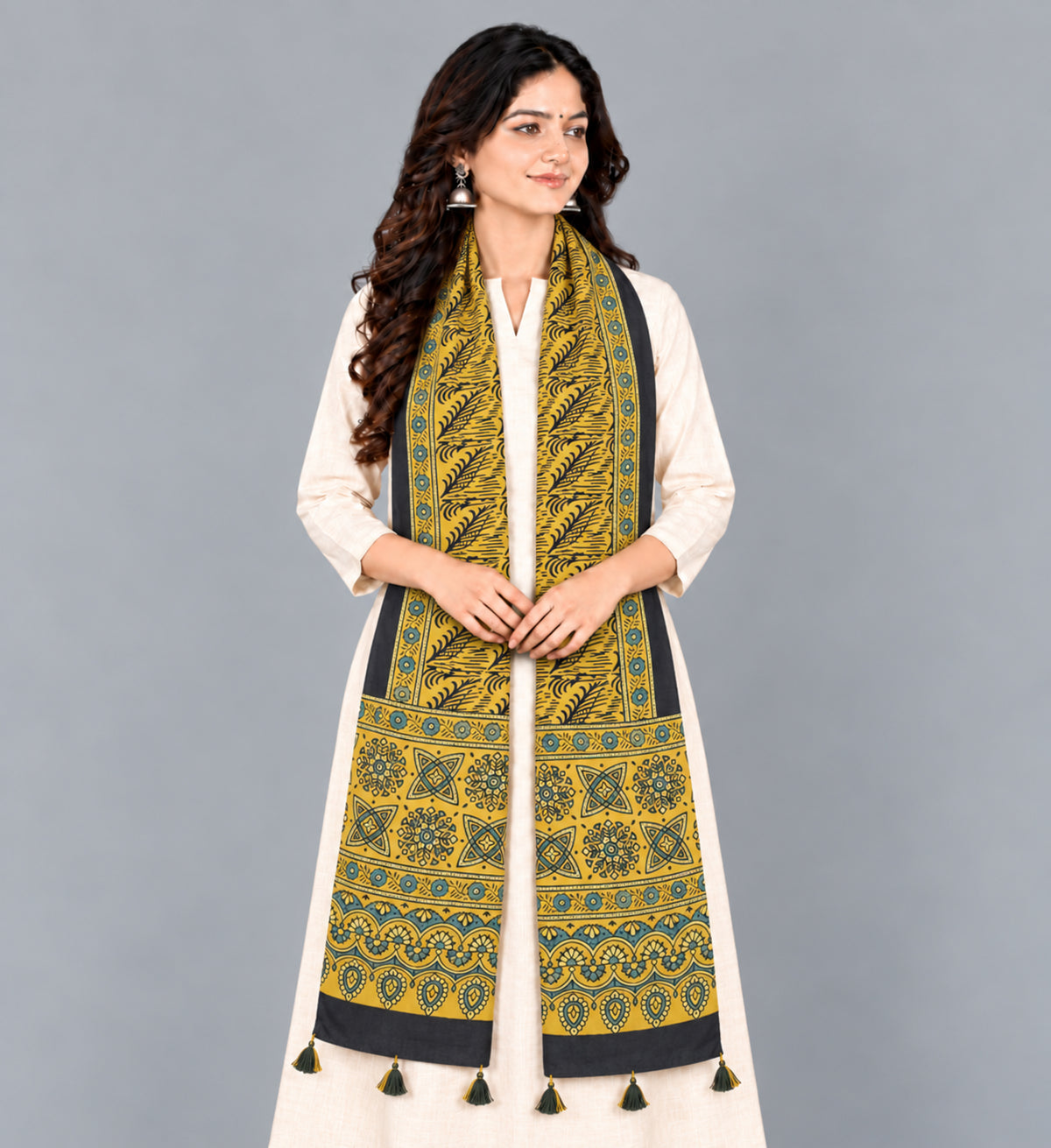 Ajrakh Modal Silk Natural Dye Hand Block Print Stole With Tassels - 2 Mtr Length   -  SKU : EK28901B