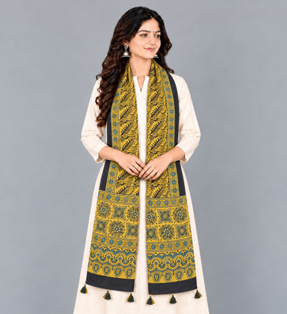 Ajrakh Modal Silk Natural Dye Hand Block Print Stole With Tassels - 2 Mtr Length   -  SKU : EK28901B
