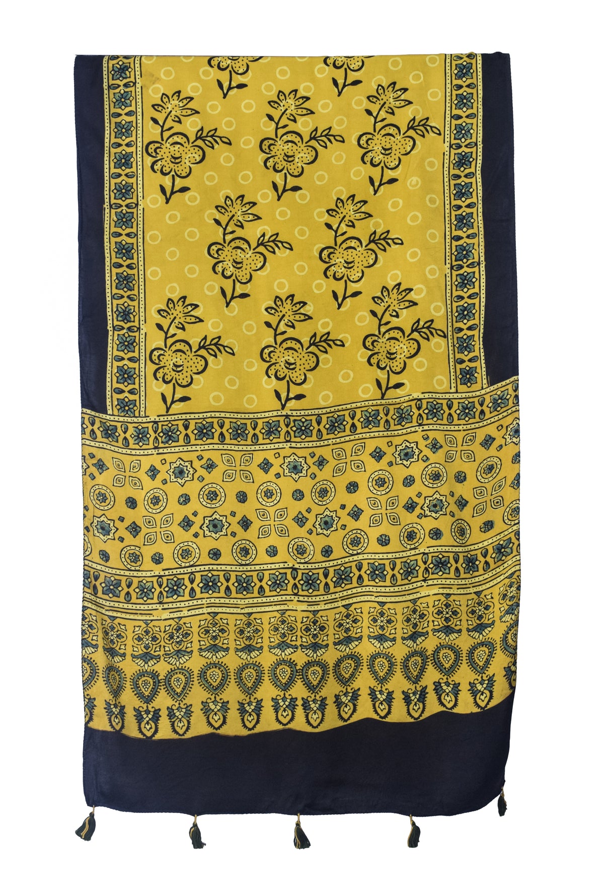 Ajrakh Modal Silk Natural Dye Hand Block Print Stole With Tassels - 2 Mtr Length   -  SKU : EK28901C