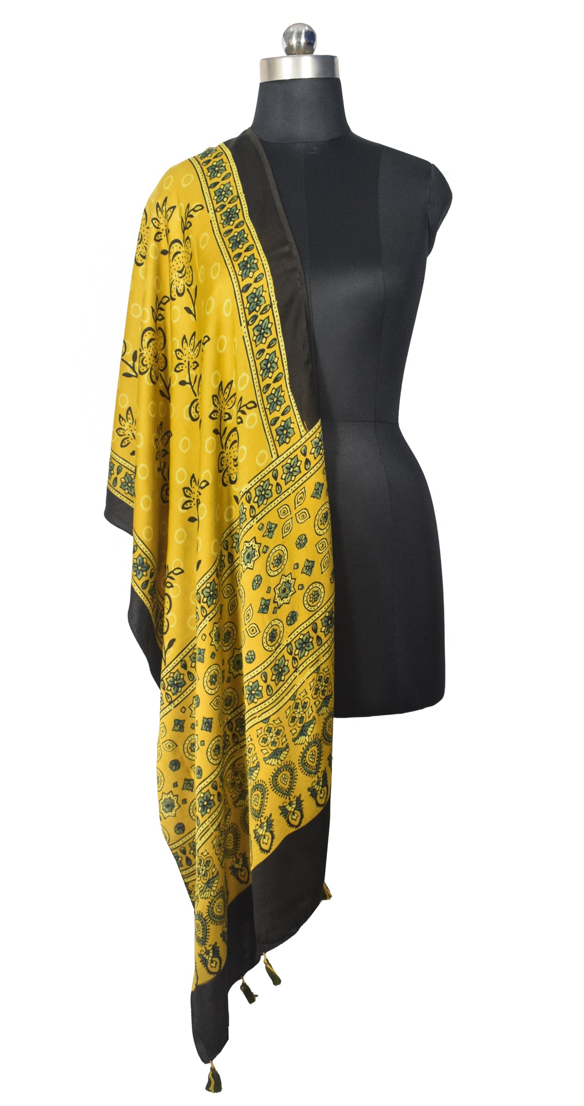 Ajrakh Modal Silk Natural Dye Hand Block Print Stole With Tassels - 2 Mtr Length   -  SKU : EK28901C