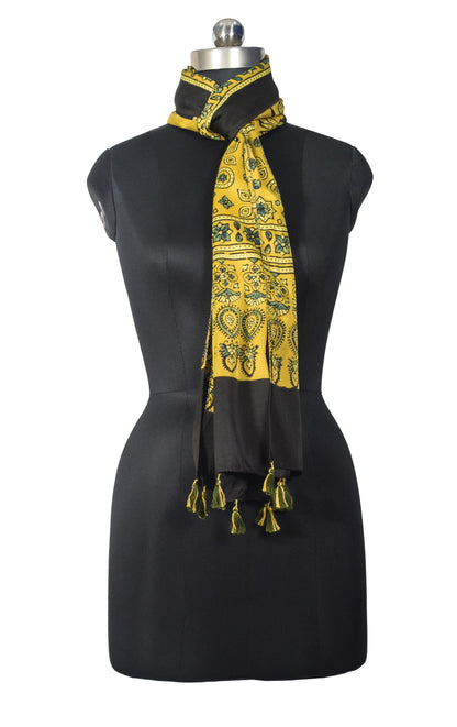 Ajrakh Modal Silk Natural Dye Hand Block Print Stole With Tassels - 2 Mtr Length   -  SKU : EK28901C