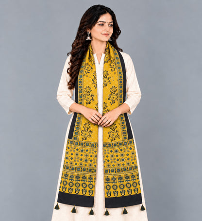 Ajrakh Modal Silk Natural Dye Hand Block Print Stole With Tassels - 2 Mtr Length   -  SKU : EK28901C