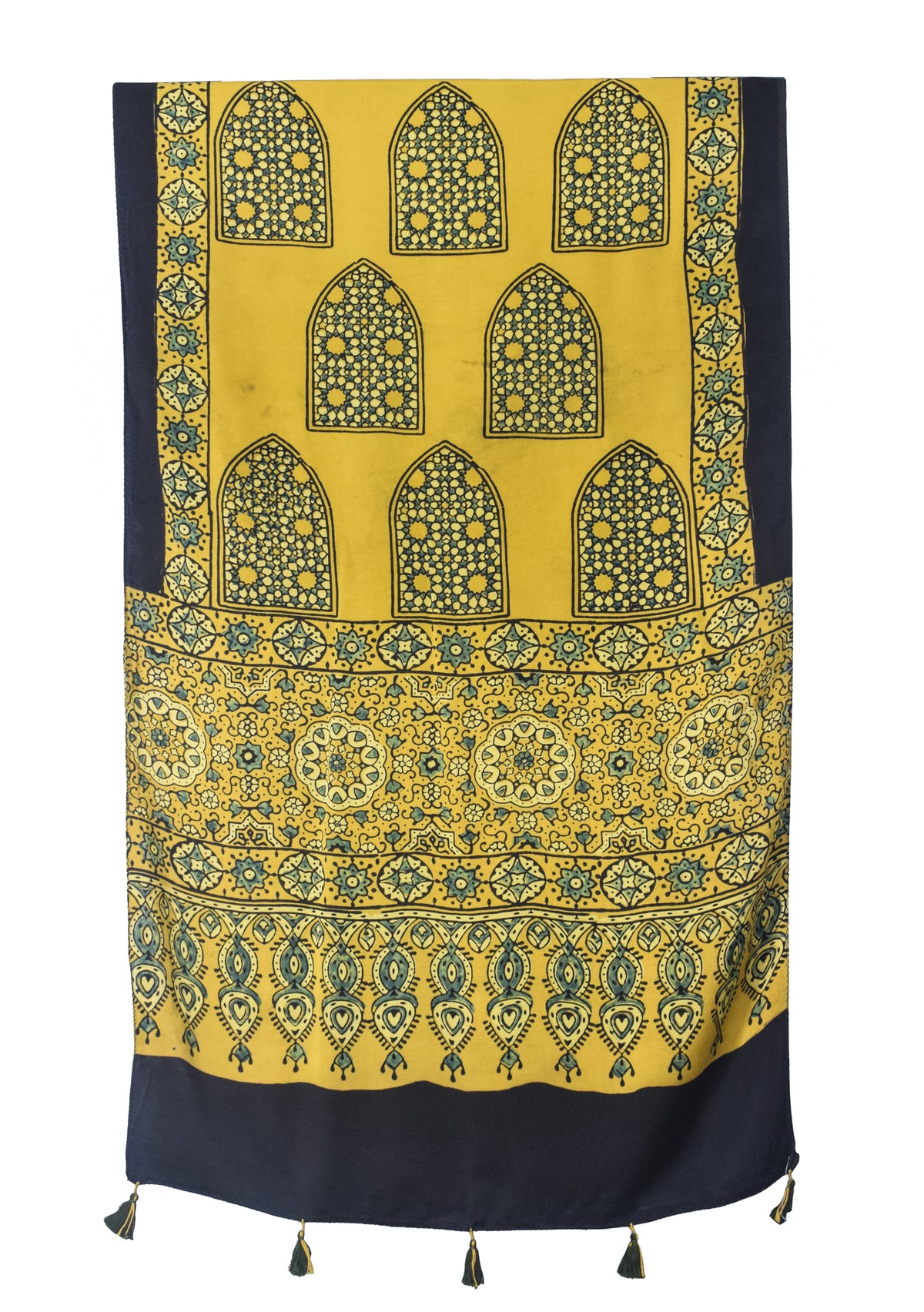 Ajrakh Modal Silk Natural Dye Hand Block Print Stole With Tassels - 2 Mtr Length   -  SKU : EK28901D
