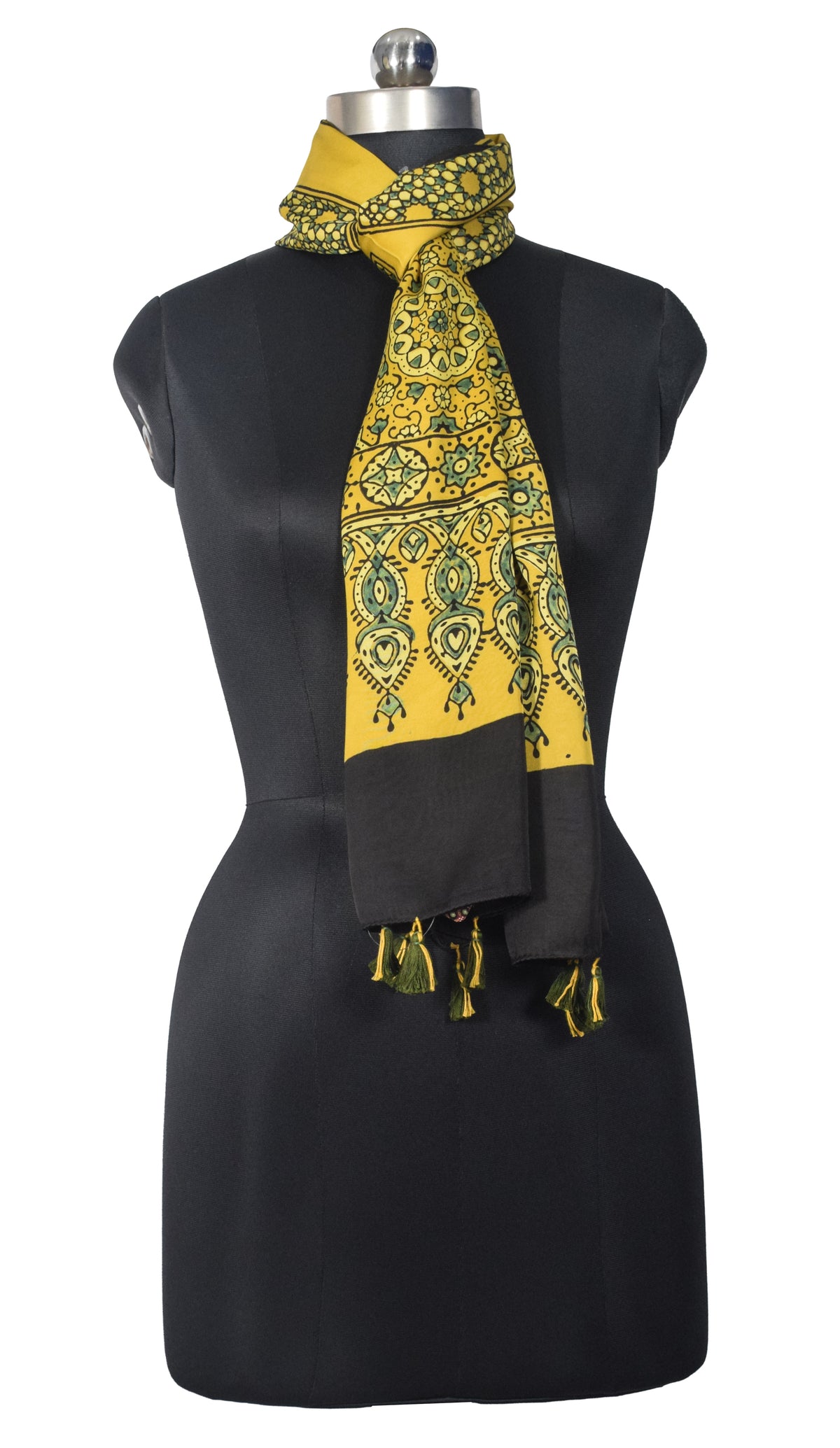 Ajrakh Modal Silk Natural Dye Hand Block Print Stole With Tassels - 2 Mtr Length   -  SKU : EK28901D