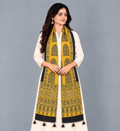 Ajrakh Modal Silk Natural Dye Hand Block Print Stole With Tassels - 2 Mtr Length   -  SKU : EK28901D