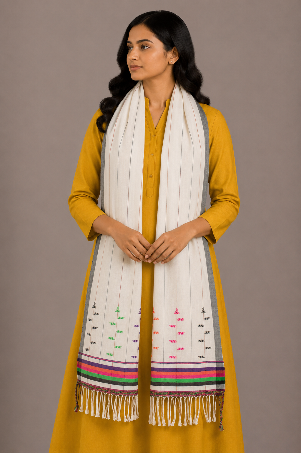Weaving Design Cotton Handwoven Stole  With Tassels  - 2.1 Mtr Length  -  SKU: MS10601N