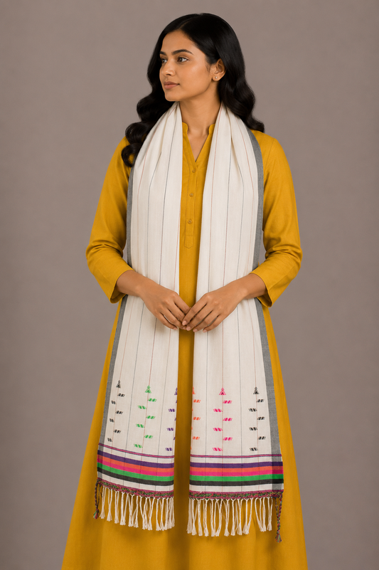 Weaving Design Cotton Handwoven Stole  With Tassels  - 2.1 Mtr Length  -  SKU: MS10601N