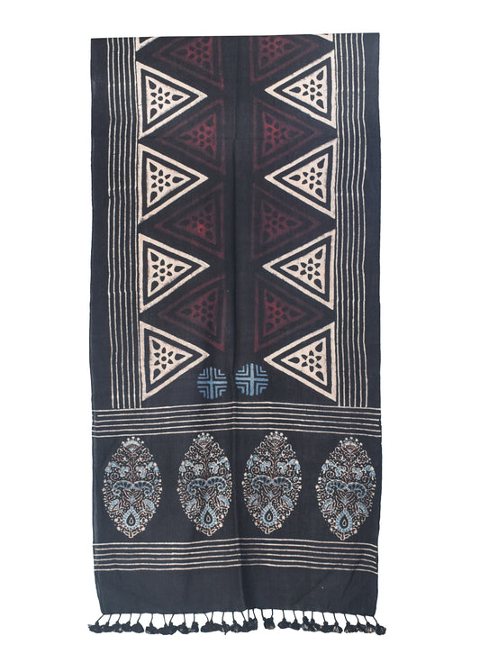 Ajrakh Kala Cotton Natural Dye Hand Block Print Stole With Tassels - 2 Mtr Length    -  SKU : DB03302A