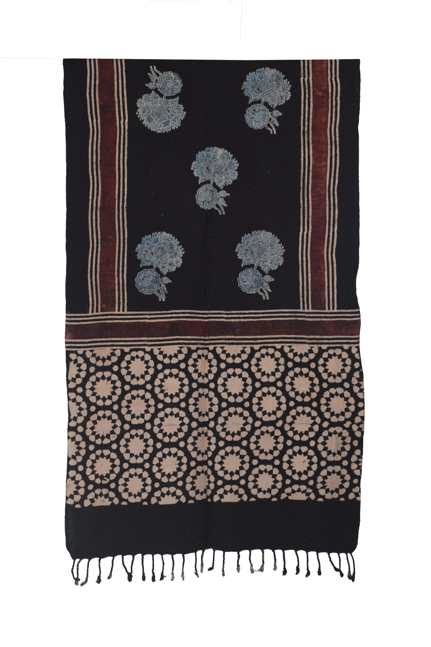 Ajrakh Kala Cotton Natural Dye Hand Block Print Stole With Tassels - 2 Mtr Length    -  SKU : EK26801E