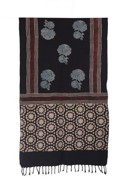 Ajrakh Kala Cotton Natural Dye Hand Block Print Stole With Tassels - 2 Mtr Length    -  SKU : EK26801E