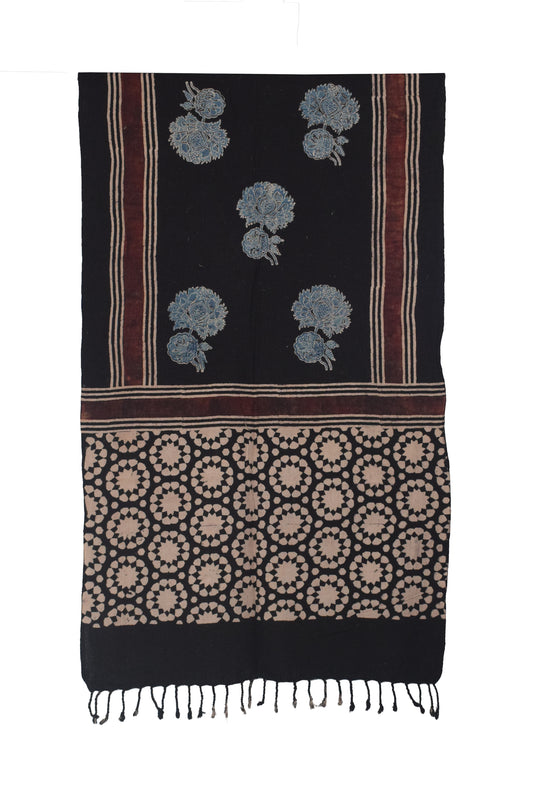 Ajrakh Kala Cotton Natural Dye Hand Block Print Stole With Tassels - 2 Mtr Length    -  SKU : EK26801E